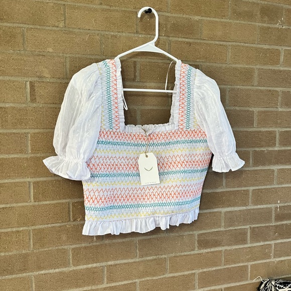 Textured Smocked Puff-Sleeve Crop Top in Pastel Stripe - White - Picture 3 of 4
